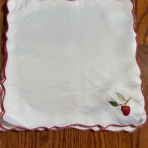 White Handkerchief with Red Trim and Embroidered Strawberry